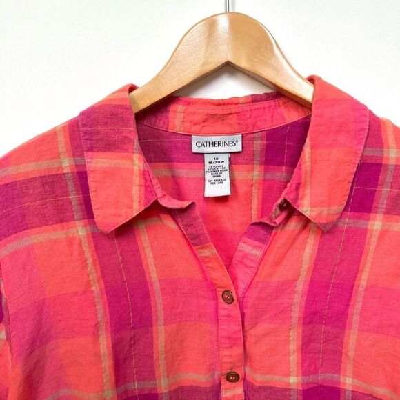Catherines Linen Blend Plaid Button Up Shirt Top Pink Coral Gold size 1X - Picture 3 of 11